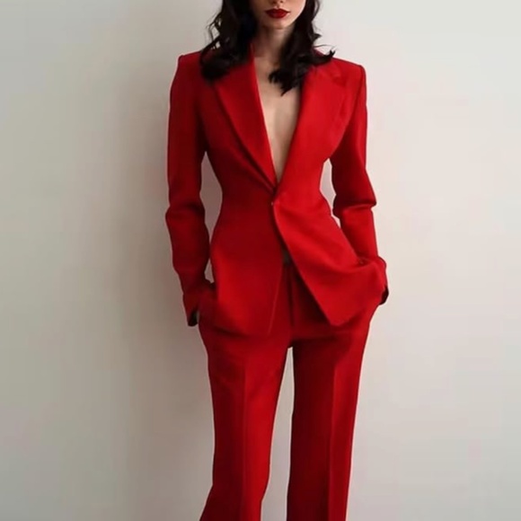 Red Tailored Women's Pantsuit - Classic Long-Leg Blazer & Trousers - Picture 3 of 5